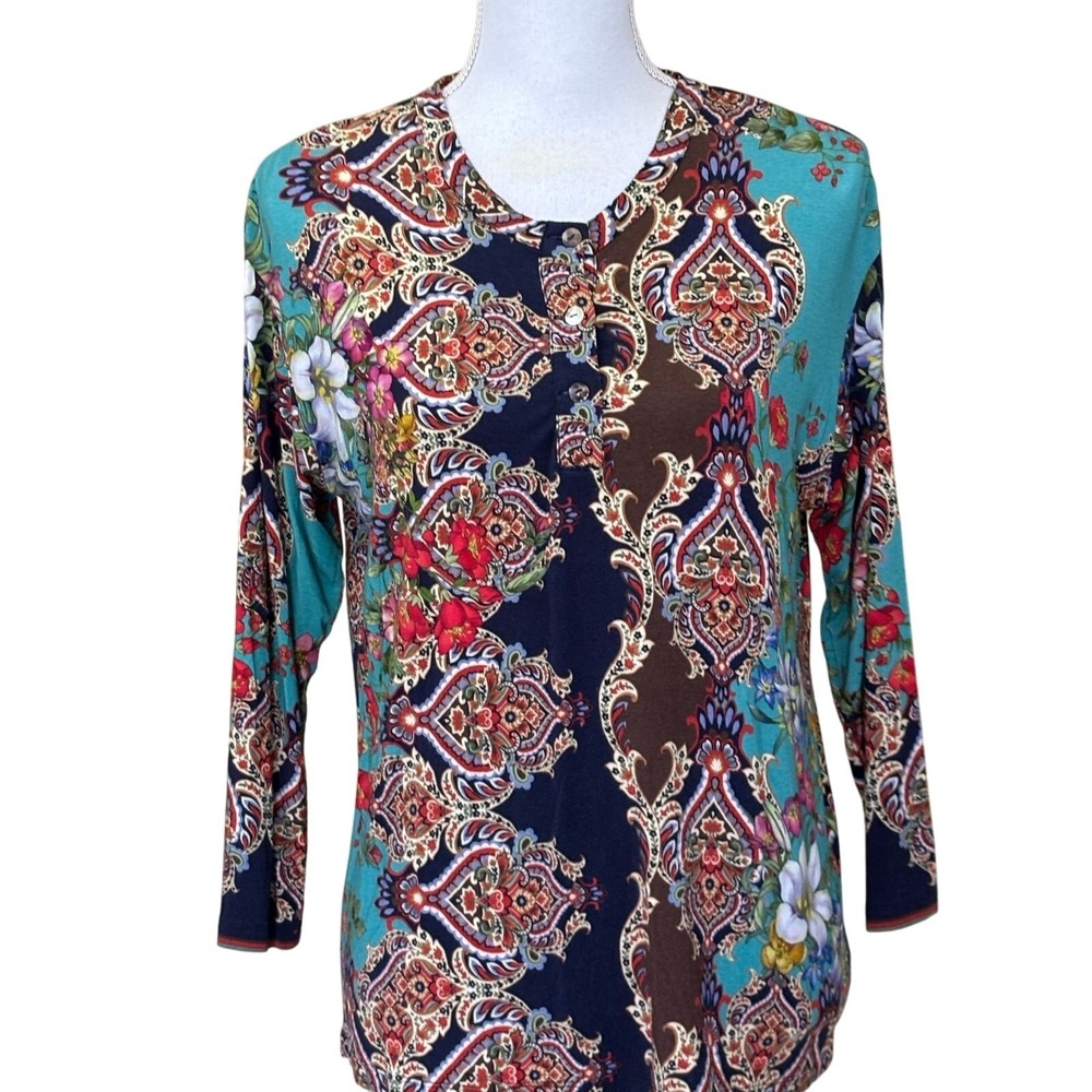 Johnny Was Indi Flower Henley Top, XS, brown/blue, bohemian, eclectic, global